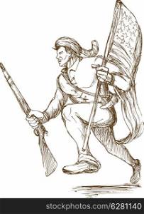 hand drawn illustraion of a daniel boone american revolutionary carrying flag of united states of america. american revolutionary carrying flag