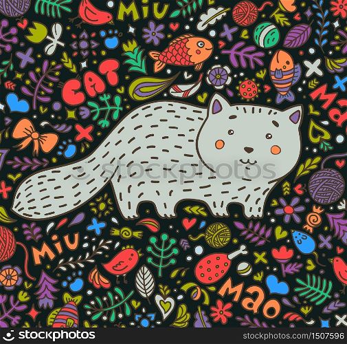Hand-drawn illustration. A fat gray cat surrounded by flowers, fish, toys and other feline staff. Doodle style. On a dark background. Vector.. Hand-drawn illustration. A fat gray cat surrounded by flowers, fish, toys and other feline staff. Doodle style. On a dark background