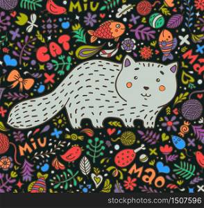 Hand-drawn illustration. A fat gray cat surrounded by flowers, fish, toys and other feline staff. Doodle style. On a dark background. Vector.. Hand-drawn illustration. A fat gray cat surrounded by flowers, fish, toys and other feline staff. Doodle style. On a dark background