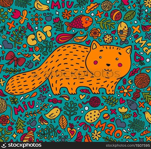 Hand-drawn illustration. A fat red cat surrounded by flowers, fish, toys and other feline staff. Doodle style. On a turquoise background. Vector.. Hand-drawn illustration. A fat red cat surrounded by flowers, fish, toys and other feline staff. Doodle style. On a turquoise background