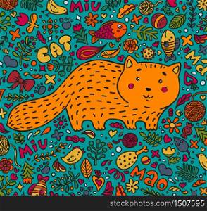Hand-drawn illustration. A fat red cat surrounded by flowers, fish, toys and other feline staff. Doodle style. On a turquoise background. Vector.. Hand-drawn illustration. A fat red cat surrounded by flowers, fish, toys and other feline staff. Doodle style. On a turquoise background