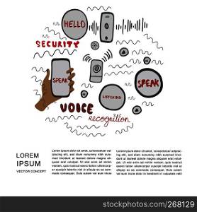 Hand drawn illustration and lettering for voice recognition in round shape with copyspace on white background. - Vector. Voice recognition magazine page cartoon template.
