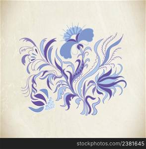 Hand drawn illustration in folk style. Beautiful flowers in vintage style. Floral ornament.. Blue art flowers
