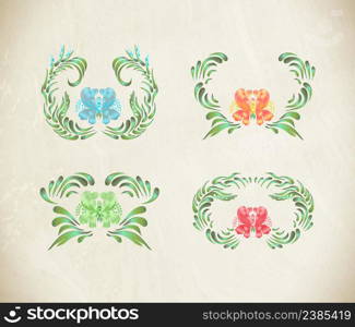 Hand drawn illustration in folk style. Floral ornament. Ukrainian folk art. Petrykivka. Beautiful border with flowers in vintage style.