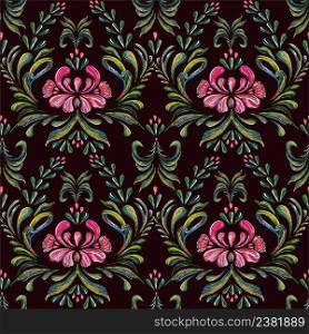 Hand drawn illustration in Ukrainian folk style. Ukrainian folk art. Ukrainian national motives. Pink flowers on a black background. Abstract elegance seamless pattern with floral background.
