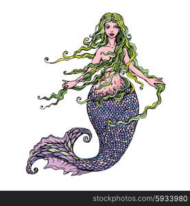 Hand drawn Illustration of a Beautiful mermaid girl isolated on white background.