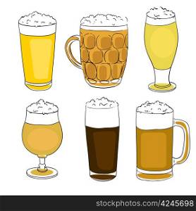 hand drawn illustration of a collection of six different beer pints, set of doodles isolated on white