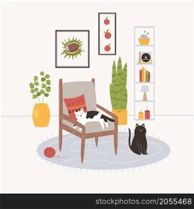 Hand drawn illustration of a cosy room with armchair, plants in pots, decorations, carpet and cats. Flat cute design with cats. Hand drawn illustration of a cosy room with armchair, plants in pots, decorations, carpet and cats