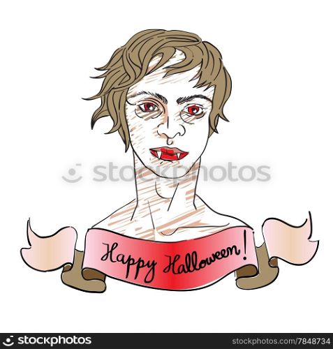 Hand drawn illustration of a cute vampire, Halloween card with greetings on a bloody ribbon