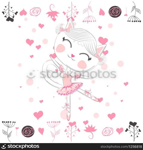 Hand drawn illustration of a kawaii funny cat in a pink ballet tutu. Design concept, children print.. cat in a crown, pink ballet tutu. Isolated objects on white background.