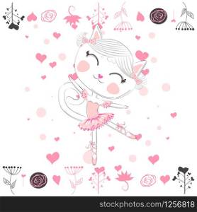 Hand drawn illustration of a kawaii funny cat in a pink ballet tutu. Design concept, children print.. cat in a crown, pink ballet tutu. Isolated objects on white background.