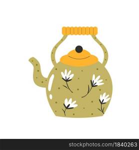 Hand drawn illustration of a kettle decorated with flowers. Vector image on a white background. Hand drawn illustration of a kettle decorated with flowers