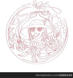 Hand drawn illustration of a label for summer leisures, graphic doodle with text over white