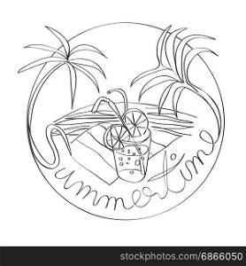 Hand drawn illustration of a label for summer leisures, graphic doodle with text over white