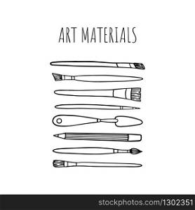 Hand drawn illustration of art materials on a white background. Vector tools for drawing and painting.