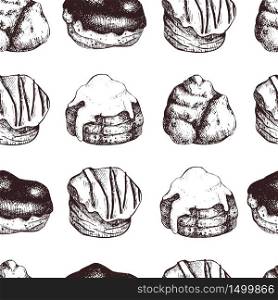 Hand drawn illustration of baked bigne. Cream puffs or profiteroles sketches. Vector drawing of Italian desserts on white background. Vintage food set for cafe or restaurant menu design.