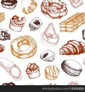 Hand drawn illustration of baked bignes. Cream puffs or profiteroles sketches. Vector template with Italian desserts. Vintage food drawings for cafe or restaurant menu design.