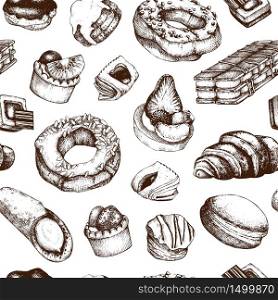 Hand drawn illustration of baked bignes. Cream puffs or profiteroles sketches. Vector template with Italian desserts on chalkboard. Vintage food drawings for cafe or restaurant menu design.