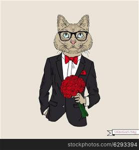 Hand drawn illustration of cat boy with roses, romantic design