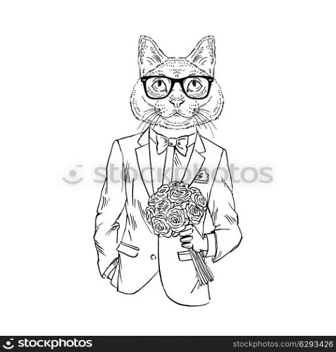 Hand drawn illustration of cat boy with roses, romantic design
