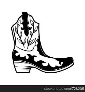 Hand drawn illustration of cowboy boot isolated on white background. Design element for poster, card, banner, t shirt, emblem, sign. Vector illustration