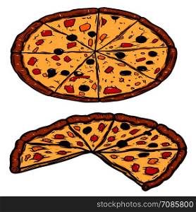 Hand drawn illustration of cut of pizza isolated on white background. Design element for poster, card, banner, t shirt, emblem, sign. Vector illustration