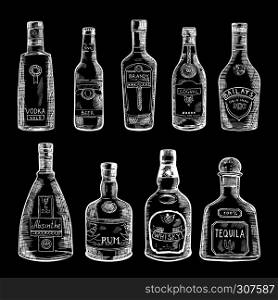 Hand drawn illustration of different bottles isolate on dark background. Vector set of drinksketch cognac and bottle of vodka. Hand drawn illustration of different bottles isolate on dark background. Vector pictures set