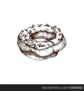 Hand drawn illustration of doughnut. Vector drawing of donuts on white background. Vintage dessert sketch for cafe or restaurant menu design.