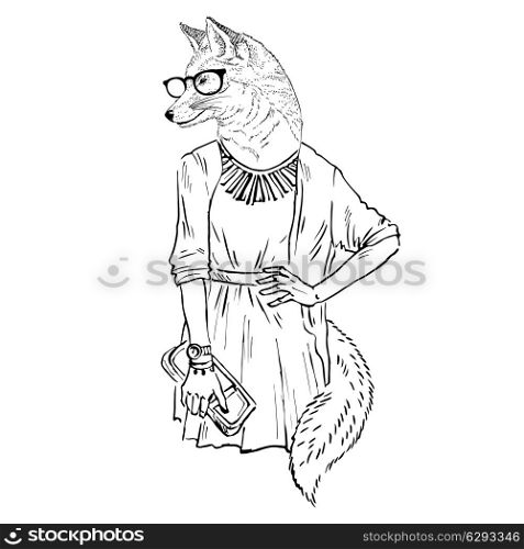 Hand drawn illustration of dressed up fox girl