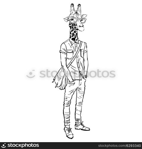 Hand drawn illustration of giraffe hipster