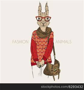 Hand drawn illustration of squirrel hipster dressed up in jacquard pullover