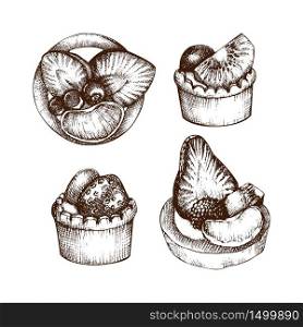 Hand drawn illustration of tartlets. Fruits and cream filled pastries sketches. Vector drawing of italian desserts on white background. Vintage food set for cafe or restaurant menu design.