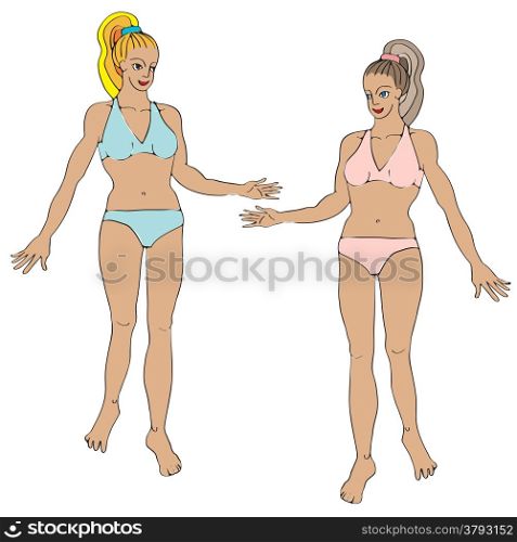 Hand drawn illustration of two twins in bath suits, women cartoon silhouettes isolated on white