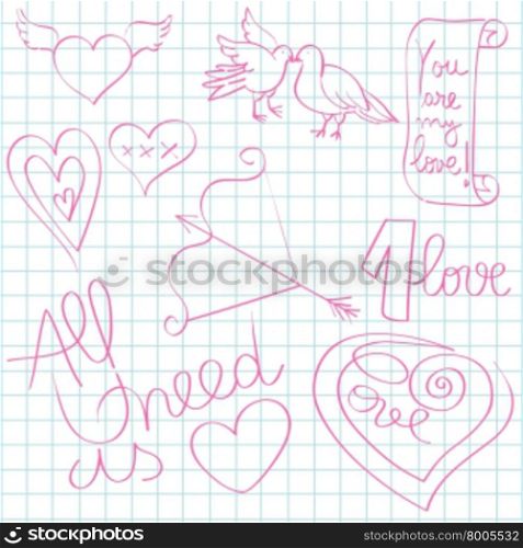 Hand drawn illustration of Valentine&rsquo;s Day original doodles over math paper