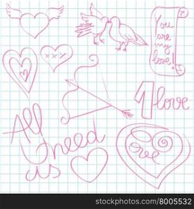 Hand drawn illustration of Valentine&rsquo;s Day original doodles over math paper