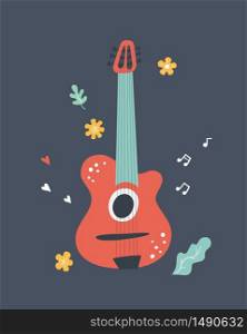 Hand drawn illustration with acoustic guitar. Print for music festival or t-shirt. Vector concept in flat and cartoon style. Hand drawn classical acoustic guitar. Print for music festival or t-shirt. Vector illustration