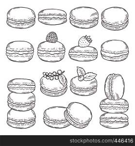 Hand drawn illustrations of paris cuisine. Delicious macaroons with different tastes. Macaroon sweet cookie, french biscuit vector. Hand drawn illustrations of paris cuisine. Delicious macaroons with different tastes