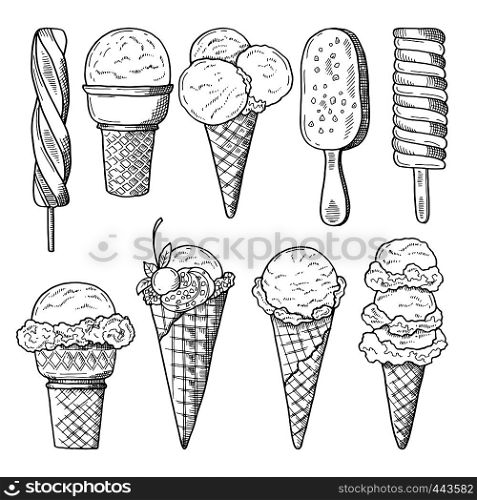 Hand drawn illustrations set of ice creams. Vector sketch. Ice cream drawing doodle collection. Hand drawn illustrations set of ice creams. Vector sketch