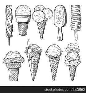 Hand drawn illustrations set of ice creams. Vector sketch. Ice cream drawing doodle collection. Hand drawn illustrations set of ice creams. Vector sketch