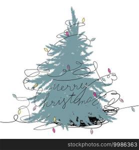 Hand drawn illustratrion of tangled christmas garlands. Merry Christmas typography. 