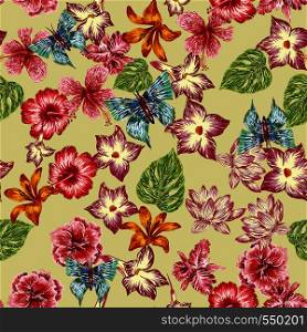 Hand drawn in multicolor pencil butterfly, hibiscus flowers tropical leaves pattern seamless light yellow background