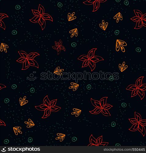Hand drawn inc vector flowers doodle style seamless pattern on the endless dark blue background