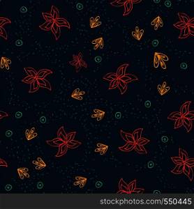 Hand drawn inc vector flowers doodle style seamless pattern on the endless dark blue background