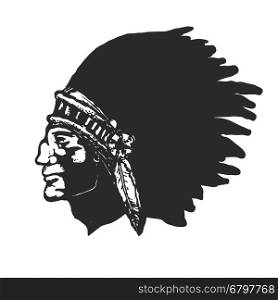 Hand drawn indian chief head isolated on white background. Vector design element.