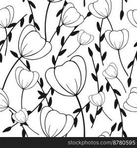 Hand drawn ink doodle simple pattern. Floral elements. Monochrome colors. Expressive seamless abstract background in black and white. Trendy brush marks. Vector illustration