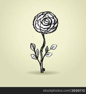 Hand drawn ink rose flower on grunge beige background.