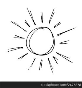 Hand drawn ink sketch of Sun doodle logo, icon, sign, emblem. Vector in cartoon doodle children’s style. Element of design for print, clothes, greeting invitation card, cover, flyer, decoration.. Hand drawn ink sketch of Sun doodle logo, icon, sign, emblem. Vector in cartoon doodle children’s style. Element of design for print, clothes, greeting invitation card, cover, flyer, decoration