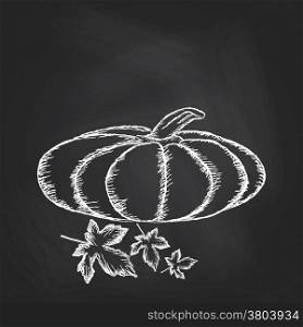 Hand drawn invitation or greeting thanksgiving card template with pumpkins on chalkboard background.