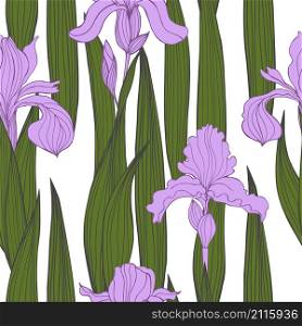 Hand-drawn iris flowers. Vector seamless pattern.