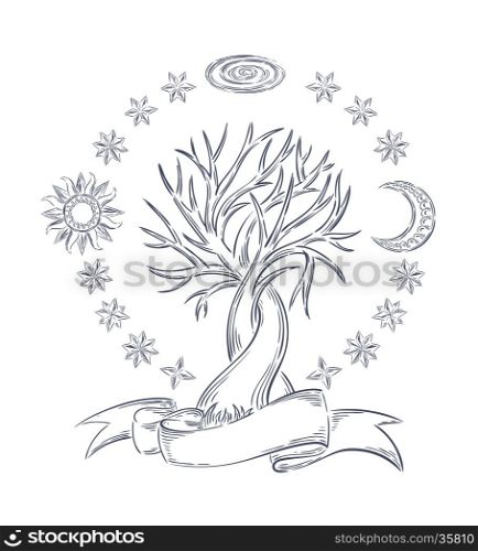Hand drawn isolated vector mystic tree illustration Magic, astrology, alchemy, chemistry, mystery, occultism design template for print, t-shirt, logo, tattoo.